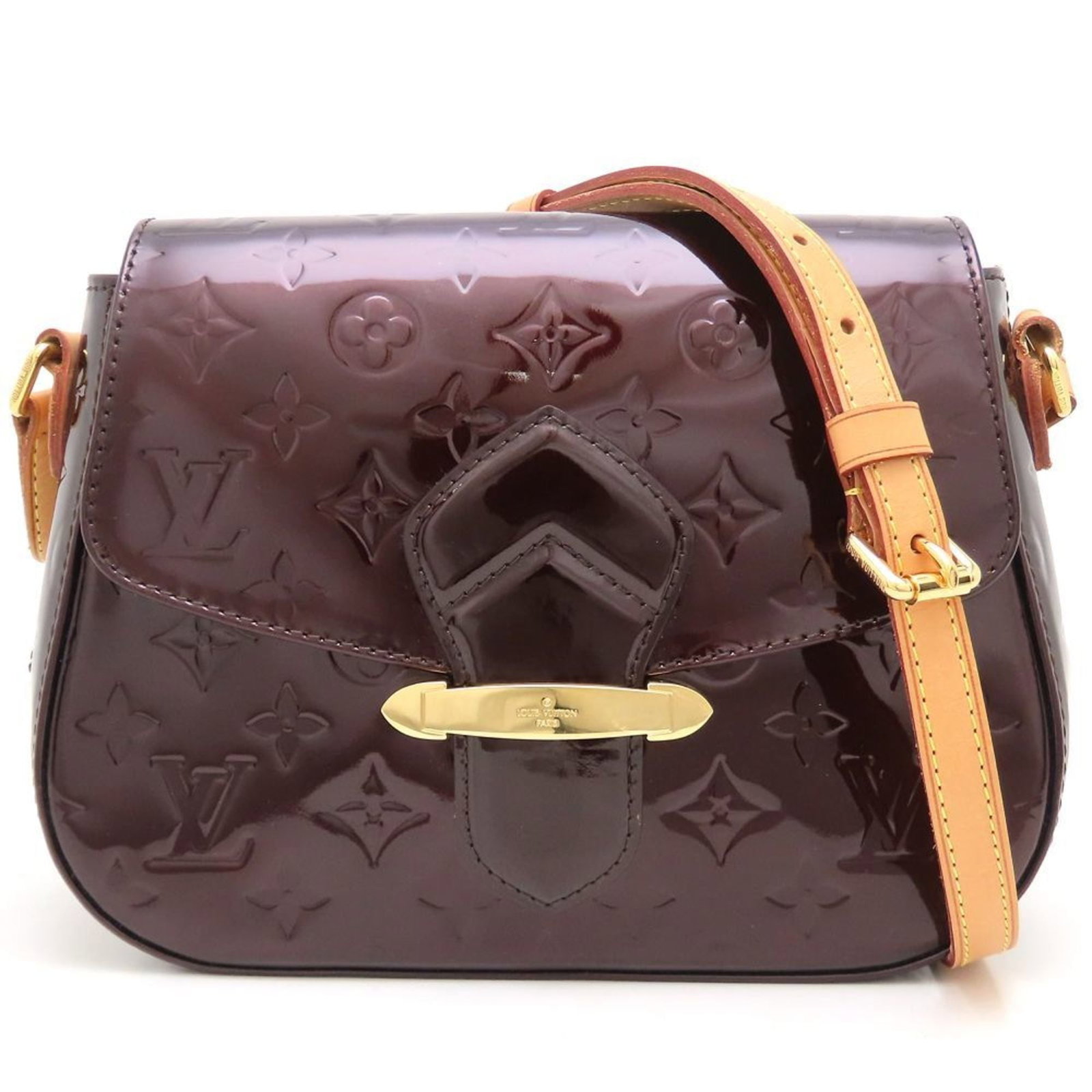 Louis Vuitton Vernis Patent Leather Shoulder Bag: Louis Vuitton Vernis Patent Leather Shoulder Bag Experience the timeless elegance of Louis Vuitton with this stunning Amarante Vernis Patent Leather Shoulder Bag. The bag's sleek, patent leather exter