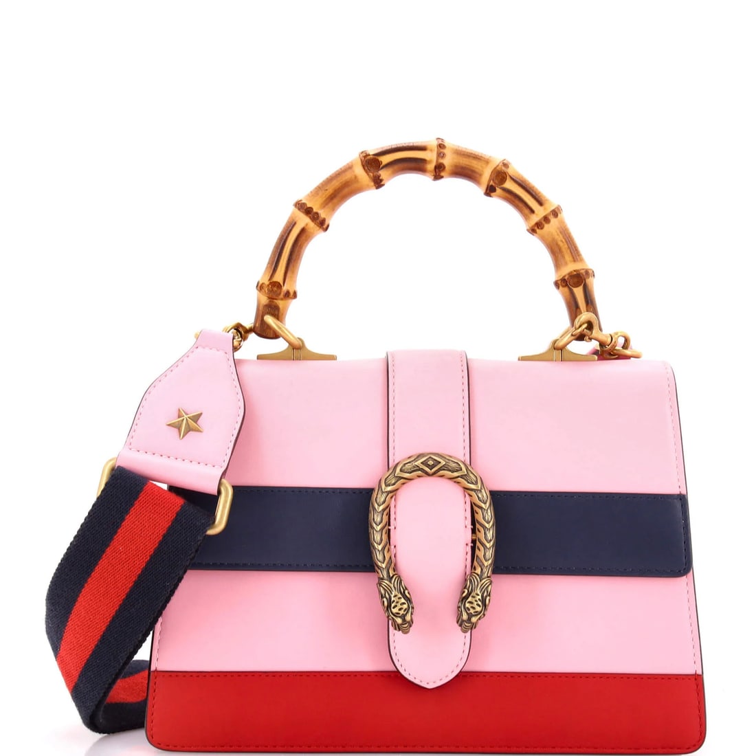 Gucci Dionysus Bamboo Top Handle Bag in Colorblock Leather, Medium: Gucci Dionysus Bamboo Top Handle Bag in Colorblock Leather, Medium Experience the iconic Gucci Dionysus Bamboo Top Handle Bag in its vibrant colorblock leather form, boasting a striking multicolor ext