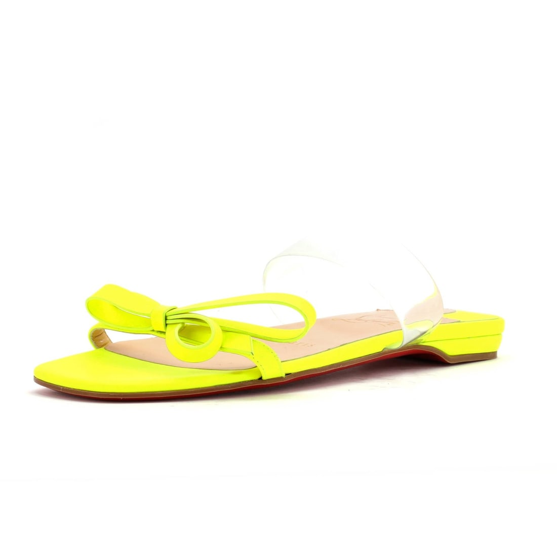 Christian Louboutin Patent PVC Just Nodo Flat Slide Sandals for Women: Christian Louboutin Patent PVC Just Nodo Flat Slide Sandals for Women Elevate your shoe game with the iconic Christian Louboutin Just Nodo Flat Slide Sandals, boasting a bold yellow patent PVC exterio