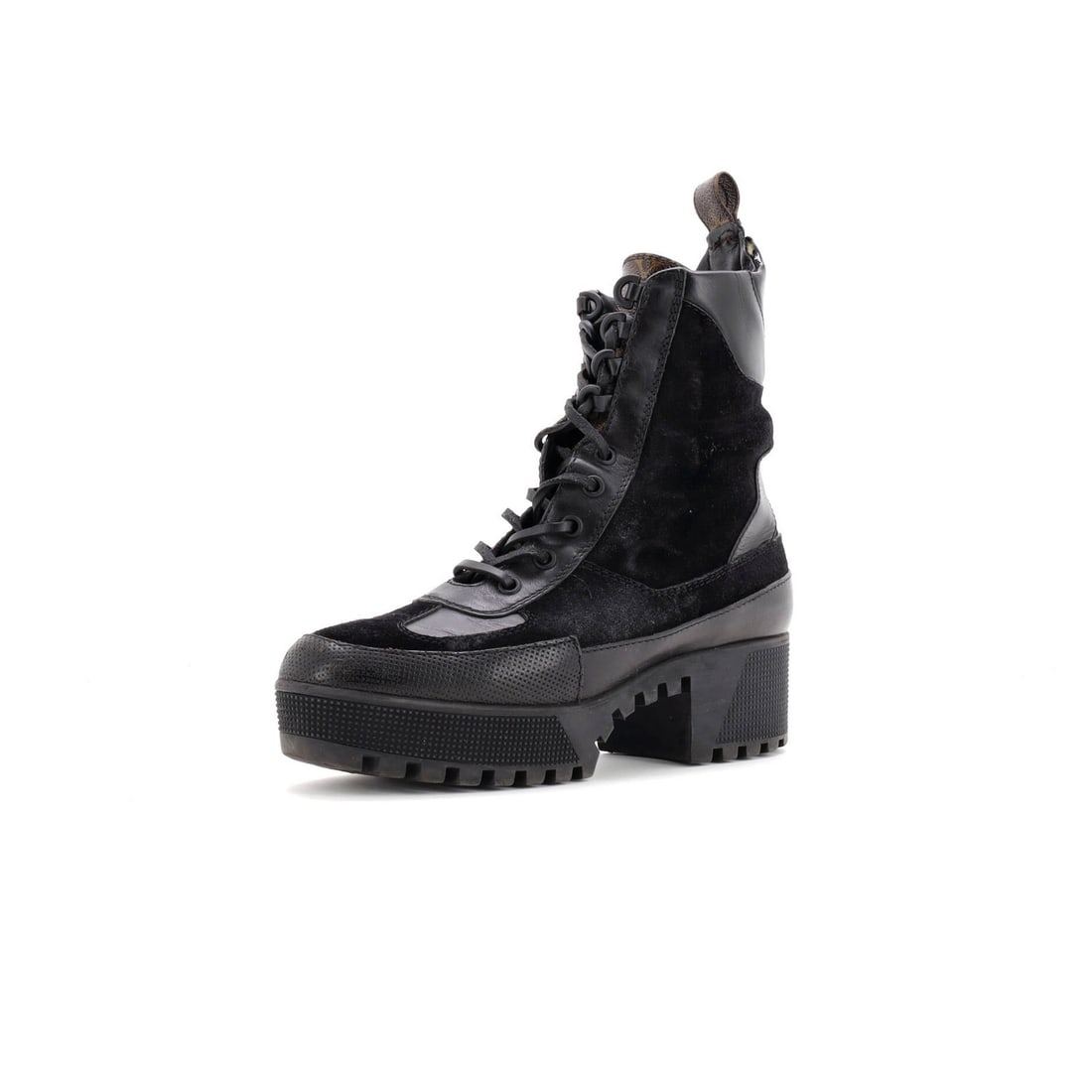 Louis Vuitton Women's Laureate Platform Desert Boots in Suede with Monogram Canvas: Louis Vuitton Women's Laureate Platform Desert Boots in Suede with Monogram Canvas Elevate your style with the iconic Louis Vuitton Women's Laureate Platform Desert Boots, boasting sleek black suede a