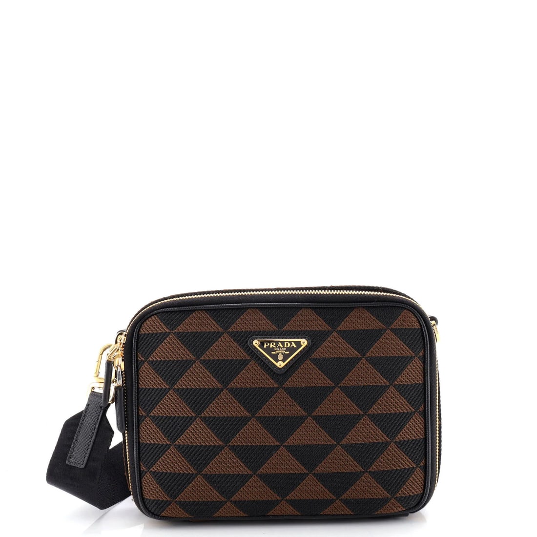 Prada Symbole Zip Around Shoulder Bag in Jacquard: Prada Symbole Zip Around Shoulder Bag in Jacquard The Prada Symbole Zip Around Shoulder Bag in Jacquard is a stylish and versatile accessory that combines classic design with modern functionality. Wit