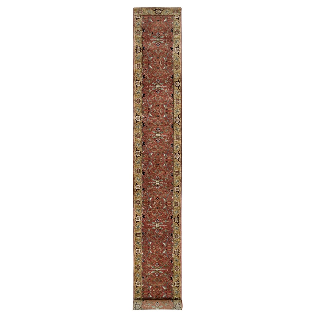 Rug 2'6"x20' Barn Red Heris Re-Creation Hand Knotted 100% Wool Runner: Rug 2'6"x20' Barn Red Heris Re-Creation Hand Knotted 100% Wool Runner Experience the warmth and richness of India's finest craftsmanship with this stunning 100% wool rug, expertly hand-knotted in vibr