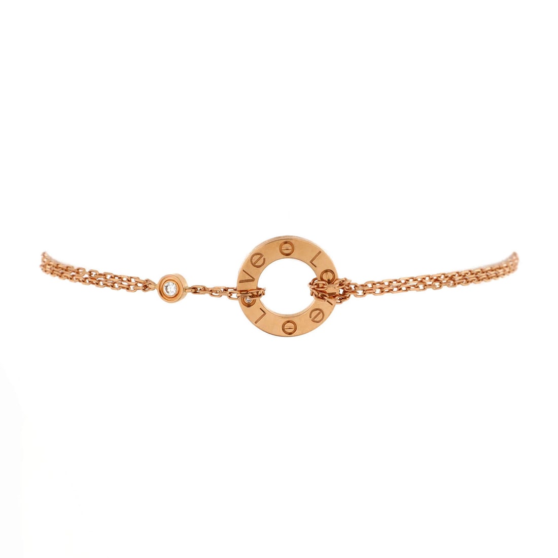 Cartier 18K Rose Gold Love Bracelet with 2 Diamonds: Cartier 18K Rose Gold Love Bracelet with 2 Diamonds A stunning Cartier love bracelet in 18K rose gold, adorned with two sparkling diamonds that add a touch of elegance to any outfit. This timeless pie