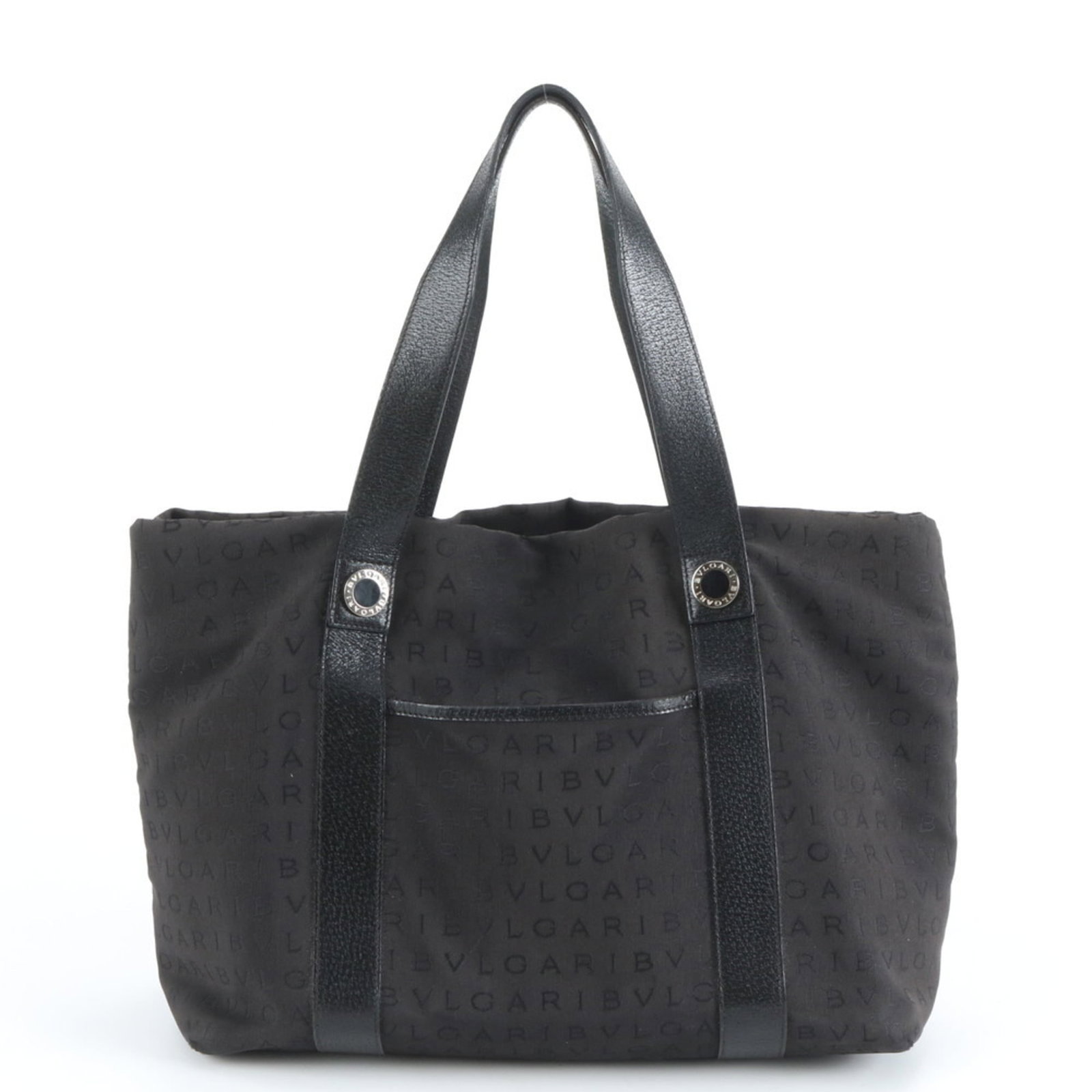 Bvlgari Tote Bag in Leather and Canvas: Bvlgari Tote Bag in Leather and Canvas Elevate your everyday style with the iconic Bvlgari tote bag, crafted from luxurious leather and durable canvas. This timeless piece boasts a sleek black