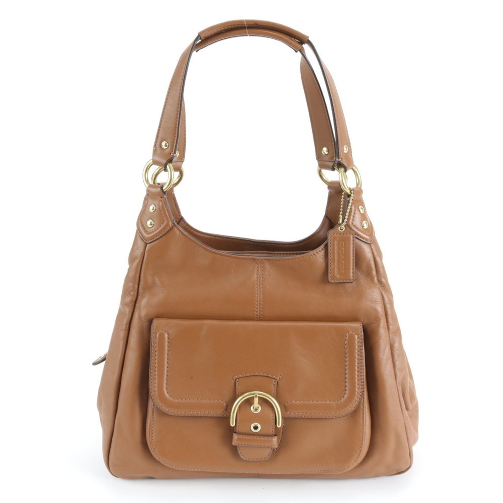 Leather Coach Shoulder Tote Bag: Leather Coach Shoulder Tote Bag A classic Coach leather shoulder tote, this timeless piece boasts rich brown tones and premium quality construction. With its spacious interior and sturdy leather strap