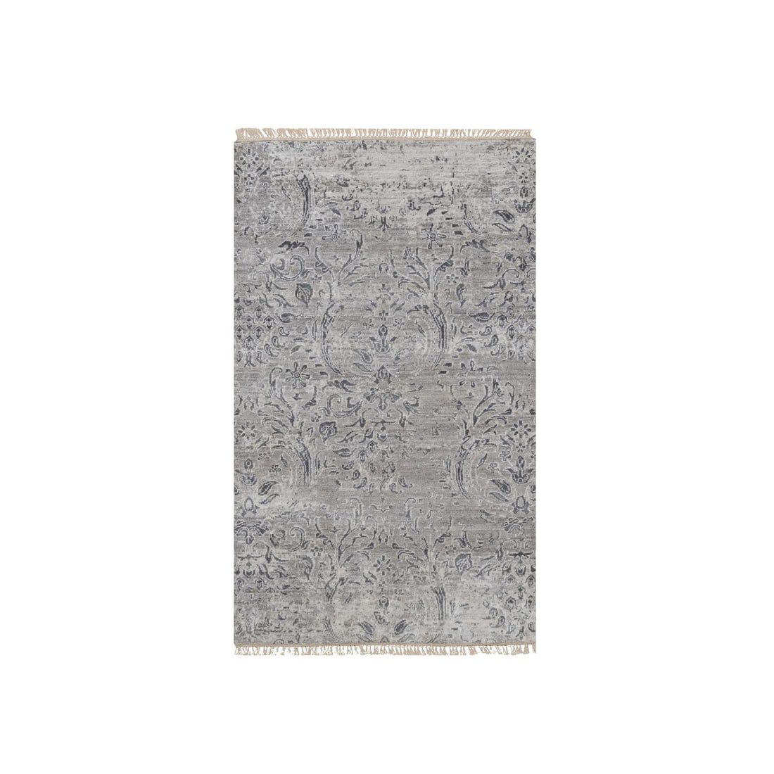Rug 3'x5'1" Gray Hand Knotted Damask Design Wool and Plant Based Silk: Rug 3'x5'1" Gray Hand Knotted Damask Design Wool and Plant Based Silk Experience the timeless elegance of India's rich cultural heritage with this stunning 3'x5'1" gray hand-knotted damask design wool