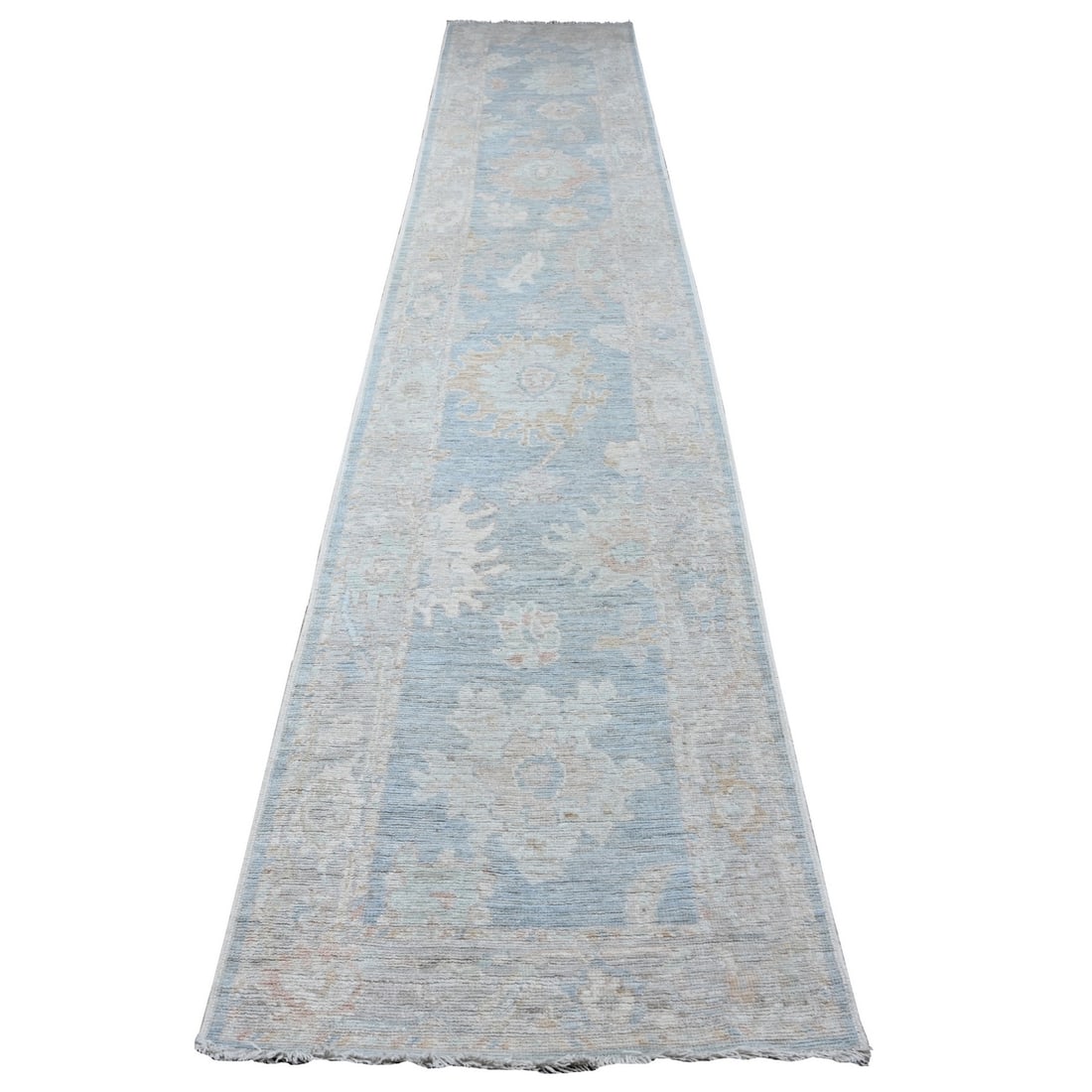 Rug 2'10"x15'5" Denim Blue Wool Weft Afghan Angora Oushak Runner Oriental: Rug 2'10"x15'5" Denim Blue Wool Weft Afghan Angora Oushak Runner Oriental Experience the rich beauty of Afghan craftsmanship with this stunning 15'5" x 2'10" hand-knotted wool rug, expertly woven in t