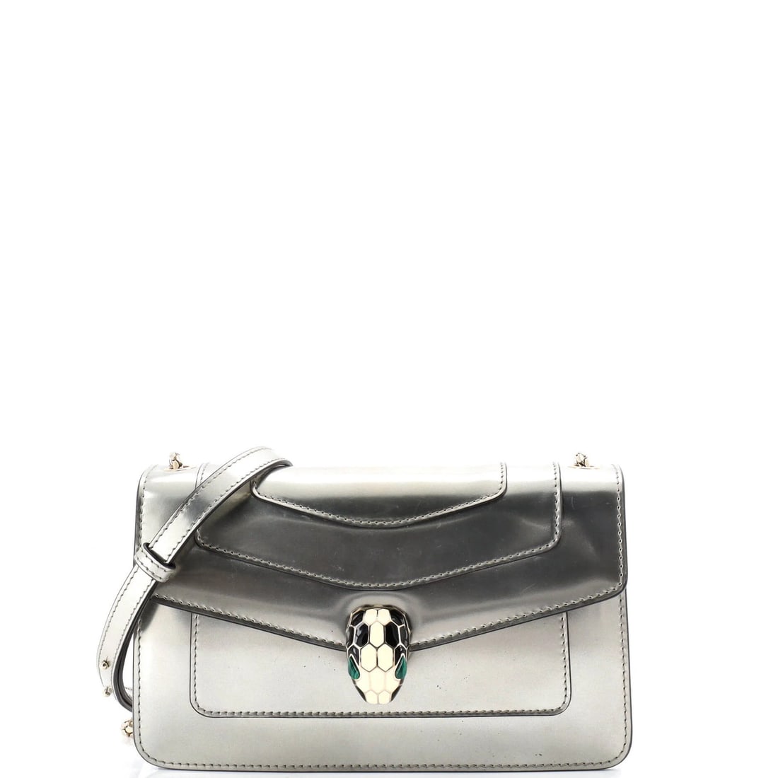 Bvlgari Serpenti Forever Small Metallic Leather Shoulder Bag: Bvlgari Serpenti Forever Small Metallic Leather Shoulder Bag Experience the timeless elegance of Bvlgari's Serpenti Forever Small Metallic Leather Shoulder Bag, boasting a sleek metallic exterior that