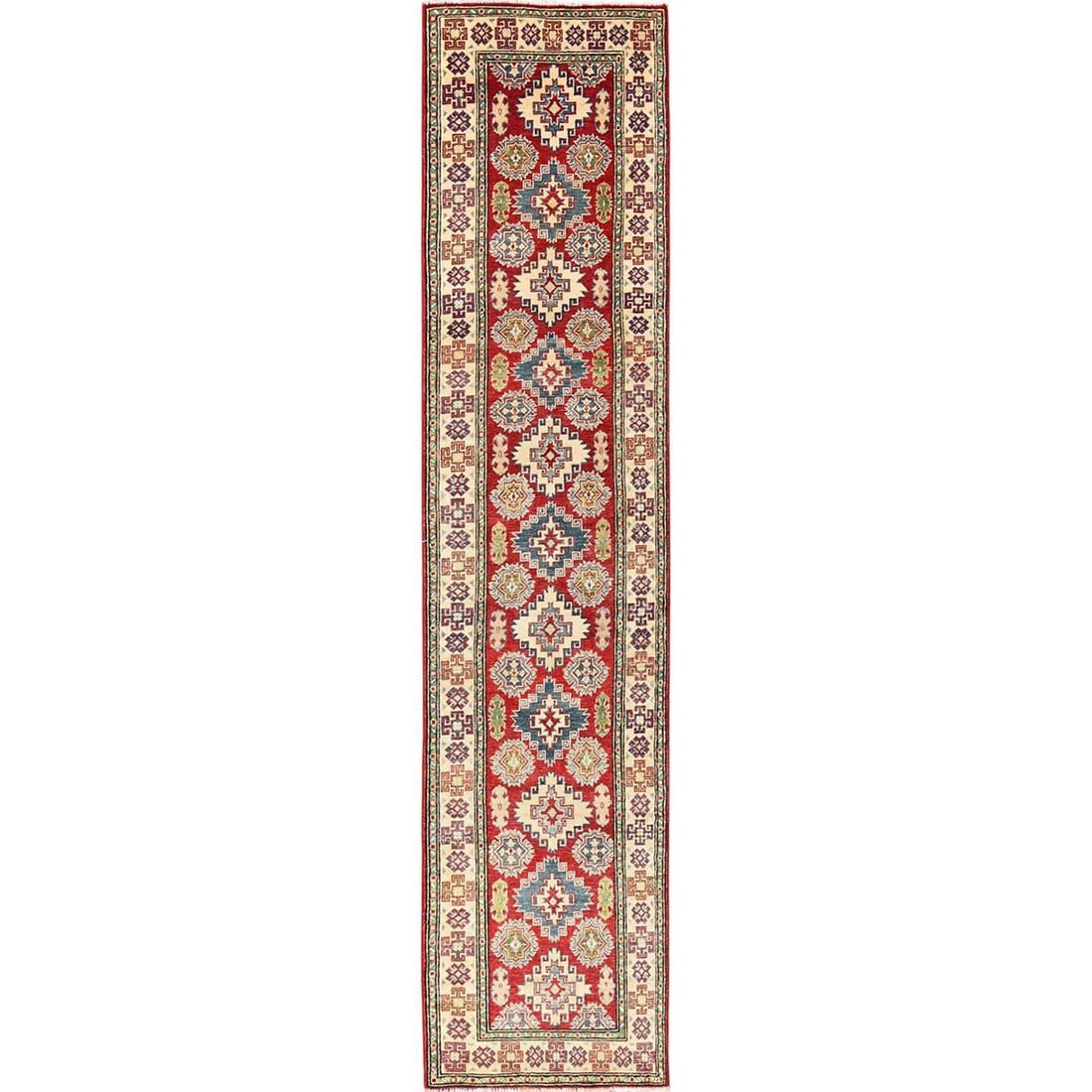 Runner 2'7"x12'8" Red Kazak with Geometric Design Hand Knotted Rug Wool: Runner 2'7"x12'8" Red Kazak with Geometric Design Hand Knotted Rug Wool Experience the vibrant beauty of traditional Afghan craftsmanship with this stunning 12'8" x 2'7" hand-knotted Kazak rug, expert