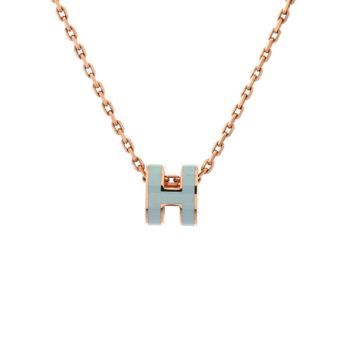 Hermes Pop H Pendant Chain Necklace in Metal & Enamel Mini: Hermes Pop H Pendant Chain Necklace in Metal & Enamel Mini A stunning Hermes Pop H Pendant Chain Necklace in blue and rose gold, this miniature masterpiece is a true fashion icon. With its sleek metal