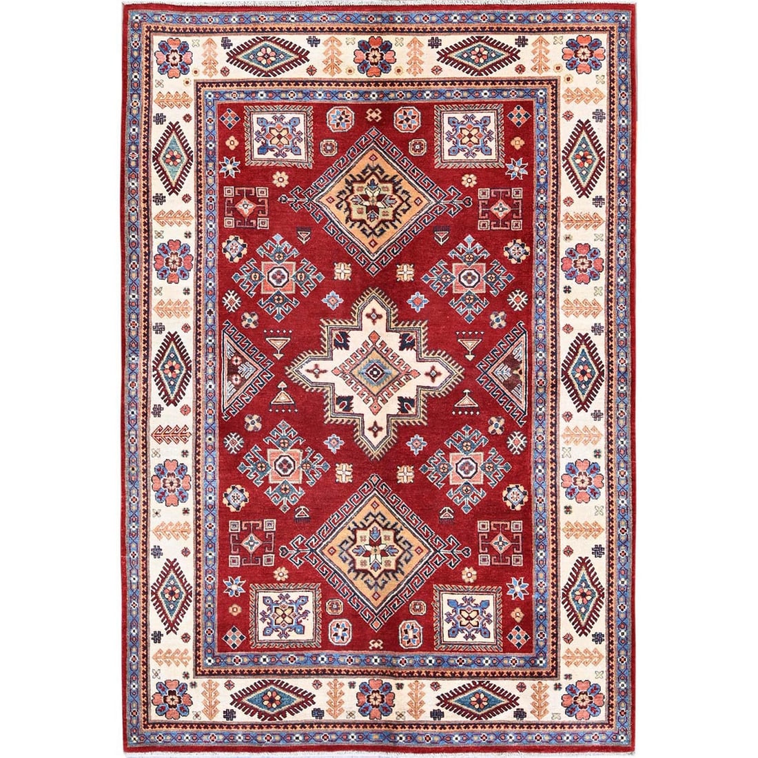 Rug 6'x8'10" Red Afghan Special Kazak Geometric Pattern Hand Knotted Wool: Rug 6'x8'10" Red Afghan Special Kazak Geometric Pattern Hand Knotted Wool Experience the rich cultural heritage of Afghanistan with this stunning 6'x8'10" Red Kazak Geometric Pattern Hand Knotted Wool