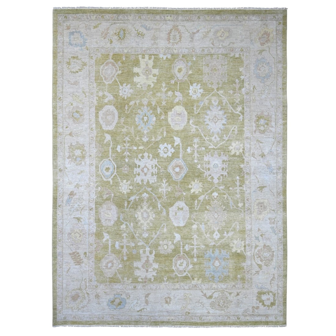 Olive Green Hand-Knotted Angora Wool Rug with Leaf Design (10'1"x13'7"): Olive Green Hand-Knotted Angora Wool Rug with Leaf Design (10'1"x13'7") Experience the rich beauty of traditional Afghan craftsmanship in this stunning olive green hand-knotted Angora wool rug, featur