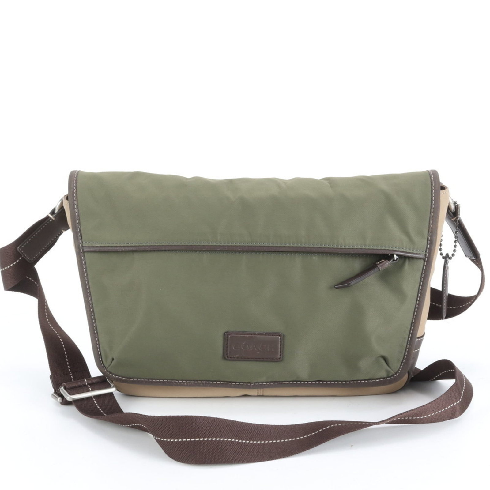 Nylon - Coach Shoulder Bag Leather: Nylon - Coach Shoulder Bag Leather A stylish and versatile Coach shoulder bag, made from high-quality leather and nylon, boasts a unique green and khaki color combination that adds a touch of sophisti