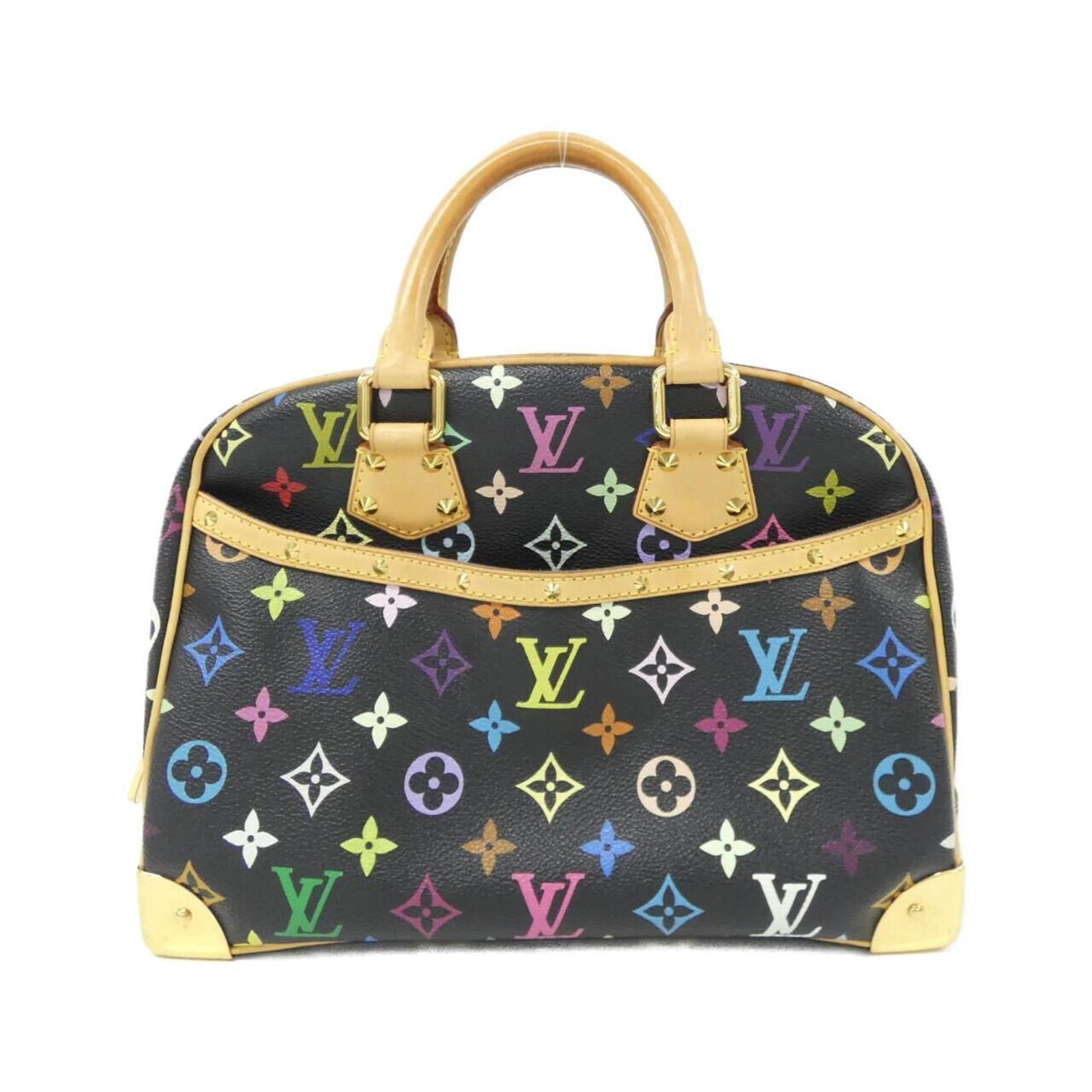 Louis Vuitton Coated Canvas Handbag: Louis Vuitton Coated Canvas Handbag Experience the timeless elegance of Louis Vuitton with this stunning coated canvas handbag, boasting sleek black leather and gold hardware details that add a touch
