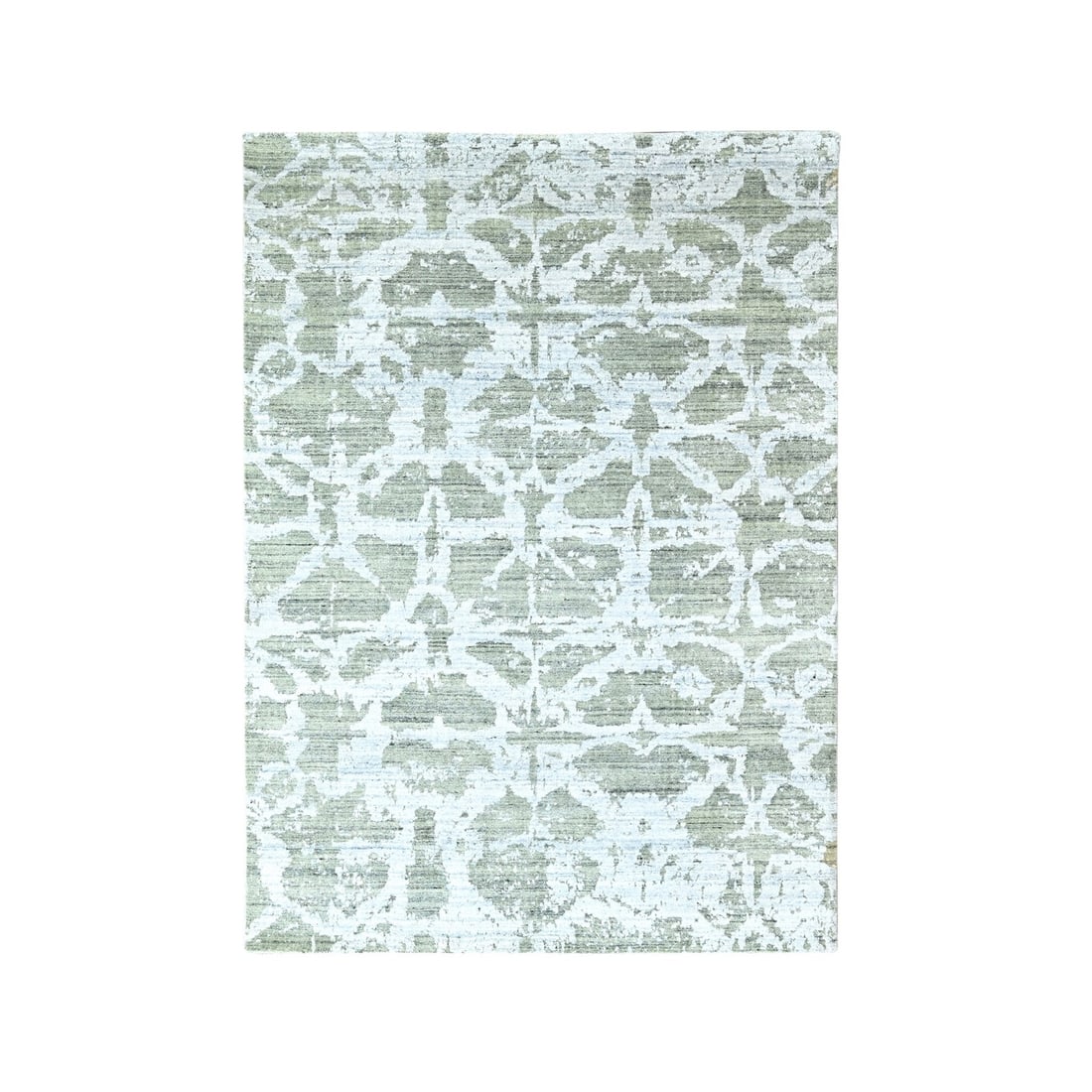 Rug 5'5"x7'5" Pistachio Green Hand Loomed Wool and Silk Textured Pile: Rug 5'5"x7'5" Pistachio Green Hand Loomed Wool and Silk Textured Pile Experience the rich beauty of Indian craftsmanship with this stunning Pistachio Green hand loomed wool and silk textured pile rug,