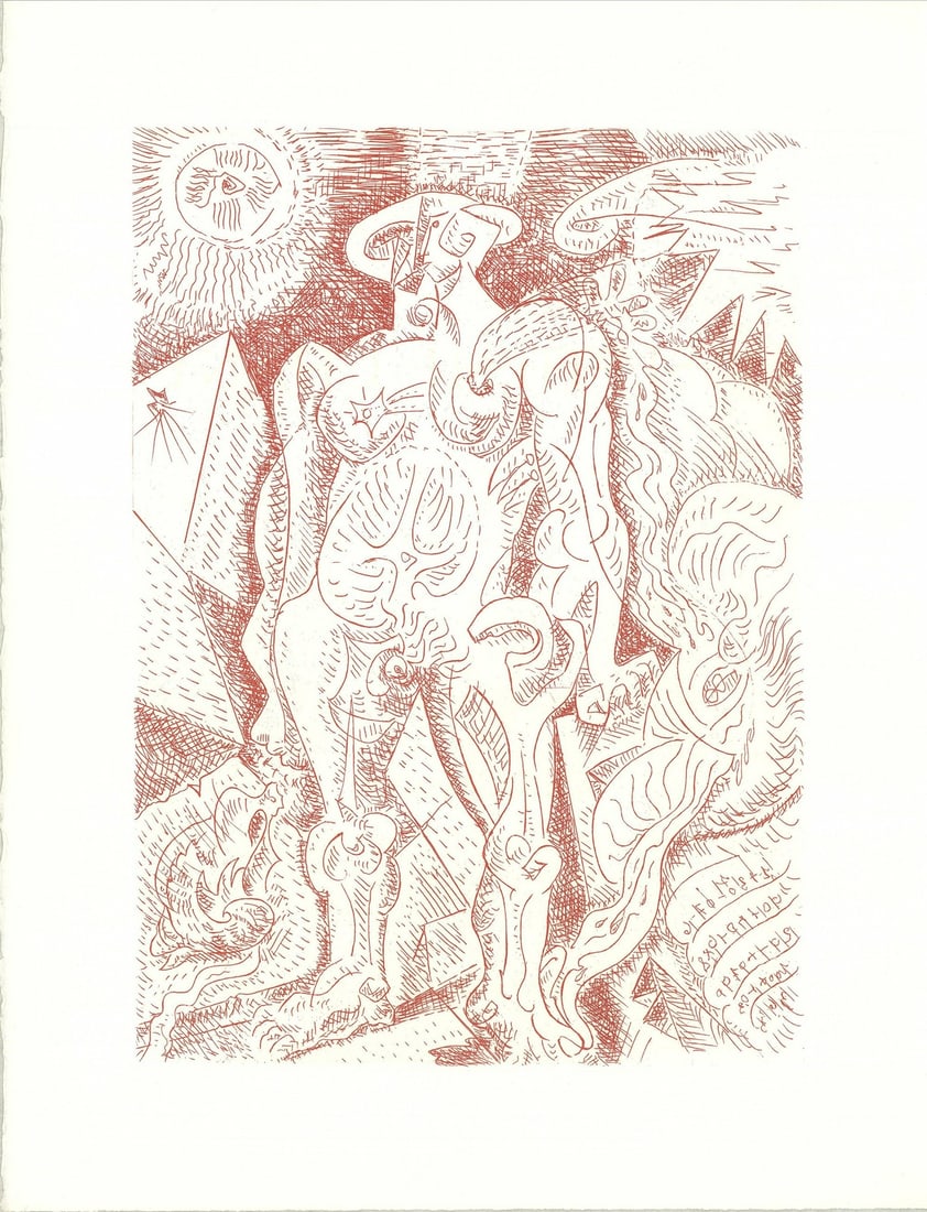 Andre Masson - Le Septieme Chant (1974) Etching, 14.75" x 11", White & Red: Andre Masson - Le Septieme Chant (1974) Etching, 14.75" x 11", White & Red Andre Masson's "Le Septieme Chant" (1974) is a striking etching that showcases the artist's unique blend of surrealist and ab