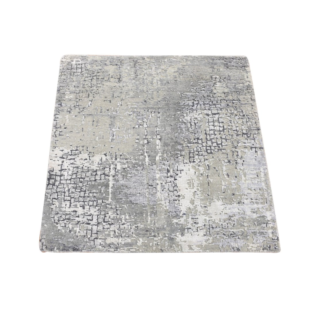 Rug 3'x3' Taupe Wool and Silk Abstract Hand Knotted Square: Rug 3'x3' Taupe Wool and Silk Abstract Hand Knotted Square Experience the rich textures and subtle nuances of Indian craftsmanship with this stunning 3'x3' hand-knotted rug, expertly woven from wool a