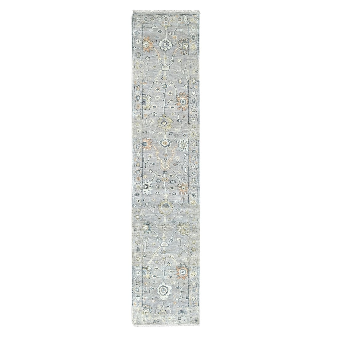 Rug 2'3"x11'2" Gray Oushak Design Soft Velvety Wool Hand Knotted Runner: Rug 2'3"x11'2" Gray Oushak Design Soft Velvety Wool Hand Knotted Runner Experience the rich textures and vibrant hues of India with this stunning Gray Oushak design rug, hand-knotted from soft velvety