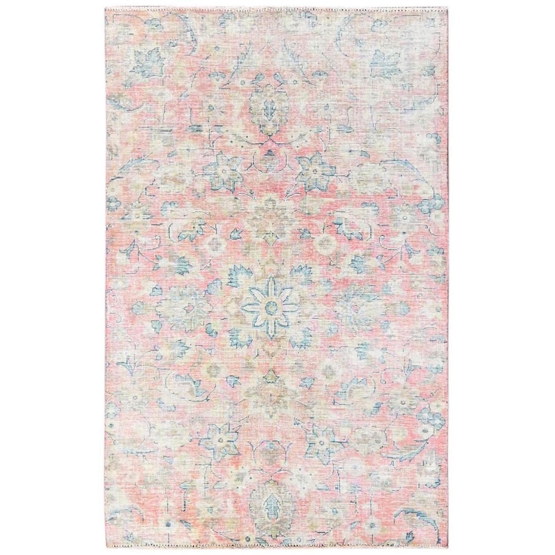 Rug 4'x6'4" Pink Vintage Zoroastrian Tebraz Flower Design Hand Knotted Wool: Rug 4'x6'4" Pink Vintage Zoroastrian Tebraz Flower Design Hand Knotted Wool Experience the rich cultural heritage of Turkey with this stunning 1950s vintage rug, hand-knotted in wool and adorned with