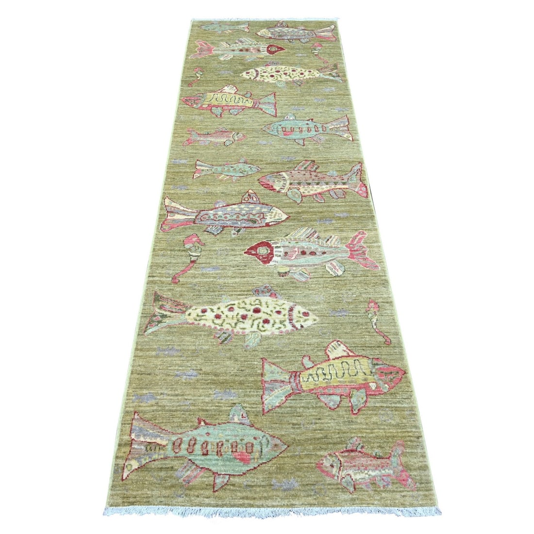 Peshawar Fish Design Wool Runner Rug, 2'6"x7'10", Green: Peshawar Fish Design Wool Runner Rug, 2'6"x7'10", Green Experience the rich cultural heritage of Afghanistan with this stunning Peshawar-style wool runner rug, expertly hand-knotted in vibrant green h