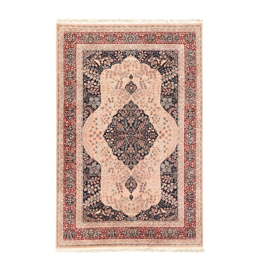 Rug 5'8"x8'9" Ivory Vintage Zoroastrian Wool & Silk Hand Knotted 250 KPSI: Rug 5'8"x8'9" Ivory Vintage Zoroastrian Wool & Silk Hand Knotted 250 KPSI Experience the rich history and cultural heritage of Zoroastrianism with this stunning 1990 vintage rug, expertly hand-knotted