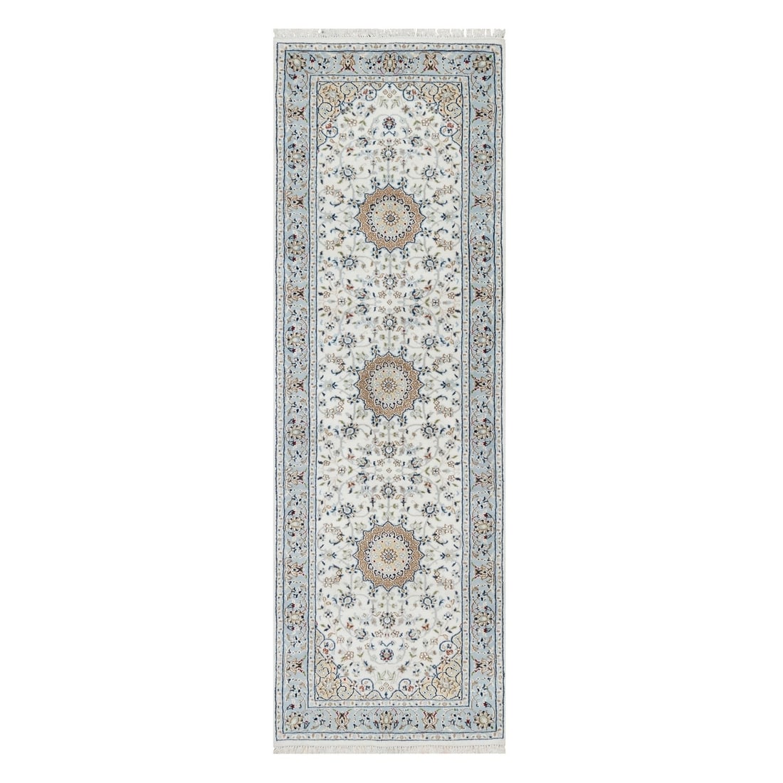 Nain Wool & Silk Runner Rug - 2'8"x8'3", Stone White, 250 KPSI: Nain Wool & Silk Runner Rug - 2'8"x8'3", Stone White, 250 KPSI Experience the timeless elegance of India's rich cultural heritage with this stunning Nain wool and silk runner rug, hand-knotted to perf
