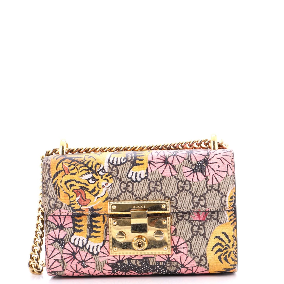 Gucci Small Bengal Print GG Coated Canvas Padlock Shoulder Bag: Gucci Small Bengal Print GG Coated Canvas Padlock Shoulder Bag Elevate your everyday style with the Gucci Small Bengal Print GG Coated Canvas Padlock Shoulder Bag, boasting a striking small print desi