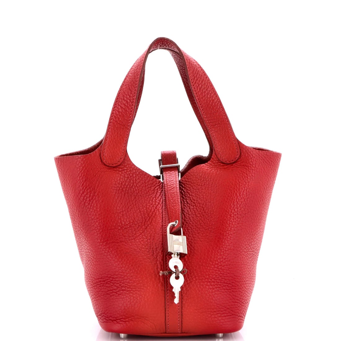 PM Hermes Picotin Lock Bag Clemence: PM Hermes Picotin Lock Bag Clemence The PM Hermes Picotin Lock Bag Clemence is a stunning, all-leather tote with a sleek Palladium lock and signature Herm?s red exterior. With its classic bucket shape