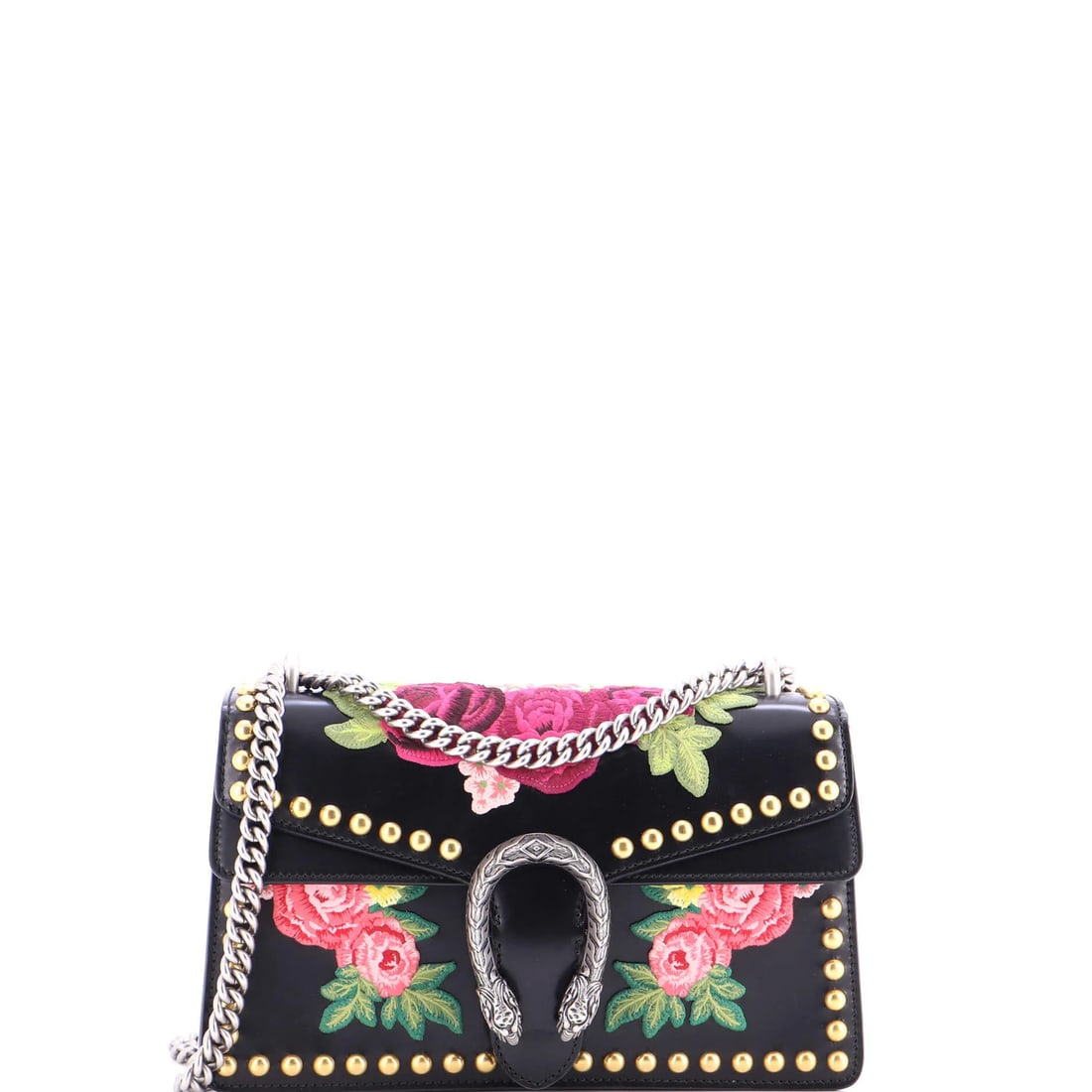 Gucci Dionysus Small Studded Leather Embroidered Bag: Gucci Dionysus Small Studded Leather Embroidered Bag Experience the edgy elegance of Gucci's iconic Dionysus Small Studded Leather Embroidered Bag, boasting a striking black exterior adorned with intr
