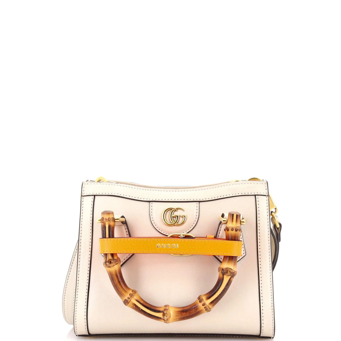 Gucci Diana Mini Tote with Bamboo Handle and Leather: Gucci Diana Mini Tote with Bamboo Handle and Leather Elevate your everyday style with the iconic Gucci Diana Mini Tote, boasting a sleek white leather exterior and delicate bamboo handle. This versati