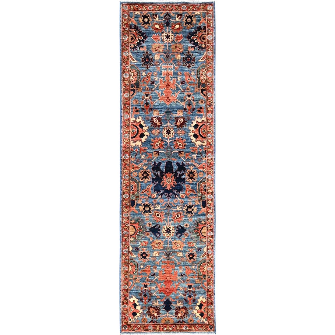 Rug 2'7"x9'9" Blue Heris All Over Design Soft Wool Hand Knotted Runner: Rug 2'7"x9'9" Blue Heris All Over Design Soft Wool Hand Knotted Runner Experience the rich beauty of traditional Afghan craftsmanship with this stunning blue heris all-over design soft wool hand knott