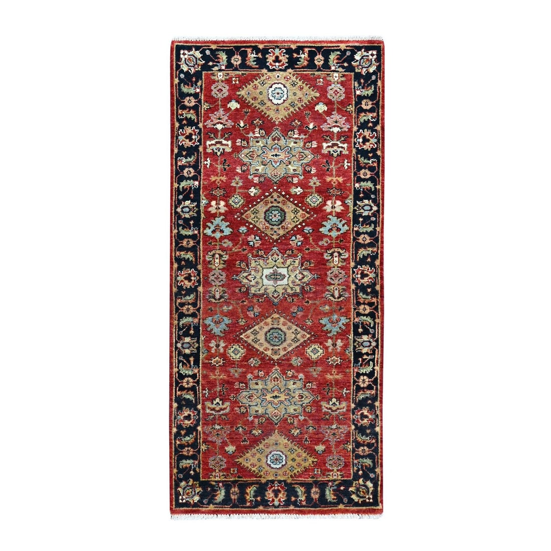Wool Hand Knotted Runner Rug 2'7"x6' Red Karjihooz Medallions Design Soft: Wool Hand Knotted Runner Rug 2'7"x6' Red Karjihooz Medallions Design Soft Experience the rich beauty of Indian craftsmanship with this stunning hand-knotted wool runner rug, boasting a striking red Ka