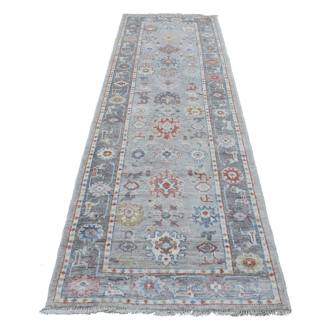 Rug 3'2"x10' Angora Oushak Hand Knotted Gray Soft Organic Wool Runner: Rug 3'2"x10' Angora Oushak Hand Knotted Gray Soft Organic Wool Runner Experience the warmth and texture of an authentic Afghan Oushak hand-knotted rug, expertly crafted from soft organic wool in a soo
