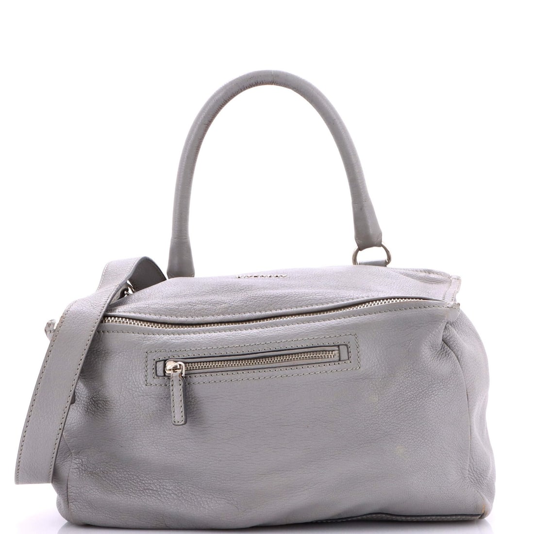 Givenchy Medium Leather Pandora Bag: Givenchy Medium Leather Pandora Bag Experience the timeless elegance of Givenchy's medium leather Pandora bag, boasting a sleek gray exterior and spacious interior in rich black fabric. With its sturd