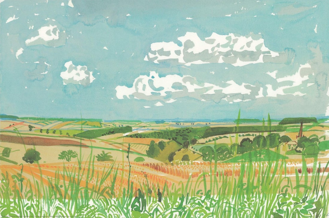 David Hockney - Looking Towards Huggate (1998) 15" x 22.5" Offset Lithograph: David Hockney - Looking Towards Huggate (1998) 15" x 22.5" Offset Lithograph A stunning offset lithograph by renowned British artist David Hockney, 'Looking Towards Huggate' (1998) presents a captivat