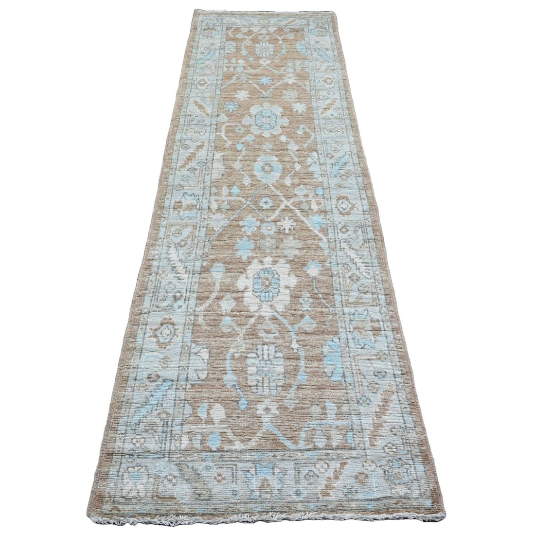 Brown Angora Oushak Leaf Design Hand-Knotted Wool Runner Rug (2'9"x9'6"): Brown Angora Oushak Leaf Design Hand-Knotted Wool Runner Rug (2'9"x9'6") Experience the rich heritage of Afghan craftsmanship with this stunning Brown Angora Oushak Leaf Design Hand-Knotted Wool Runne