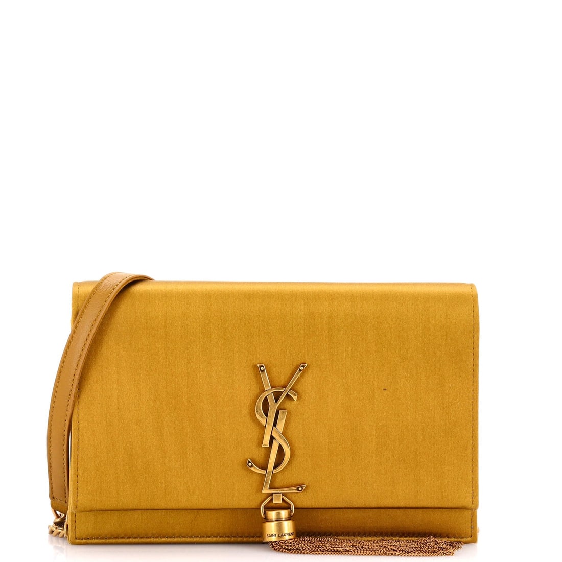 Saint Laurent Satin Classic Monogram Tassel Chain Wallet: Saint Laurent Satin Classic Monogram Tassel Chain Wallet The Saint Laurent Satin Classic Monogram Tassel Chain Wallet is a luxurious, gold-toned satin exterior with elegant monogram detailing and a