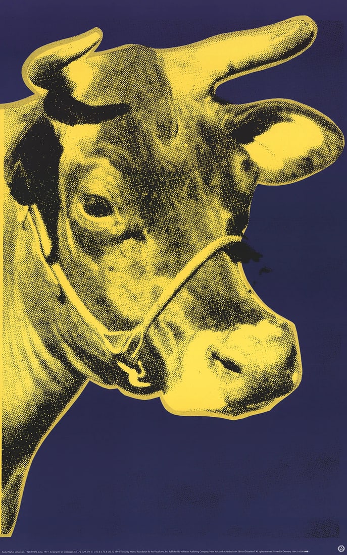 Ar ANDY WARHOL Cow Yellow on Blue Background (sm) 33.5" x 20.25" Poster 2000 Pop: Ar ANDY WARHOL Cow Yellow on Blue Background (sm) 33.5" x 20.25" Poster 2000 Pop A rare and iconic Andy Warhol print, 'Cow Yellow on Blue Background (sm)' is a 2000 offset lithograph poster measuring