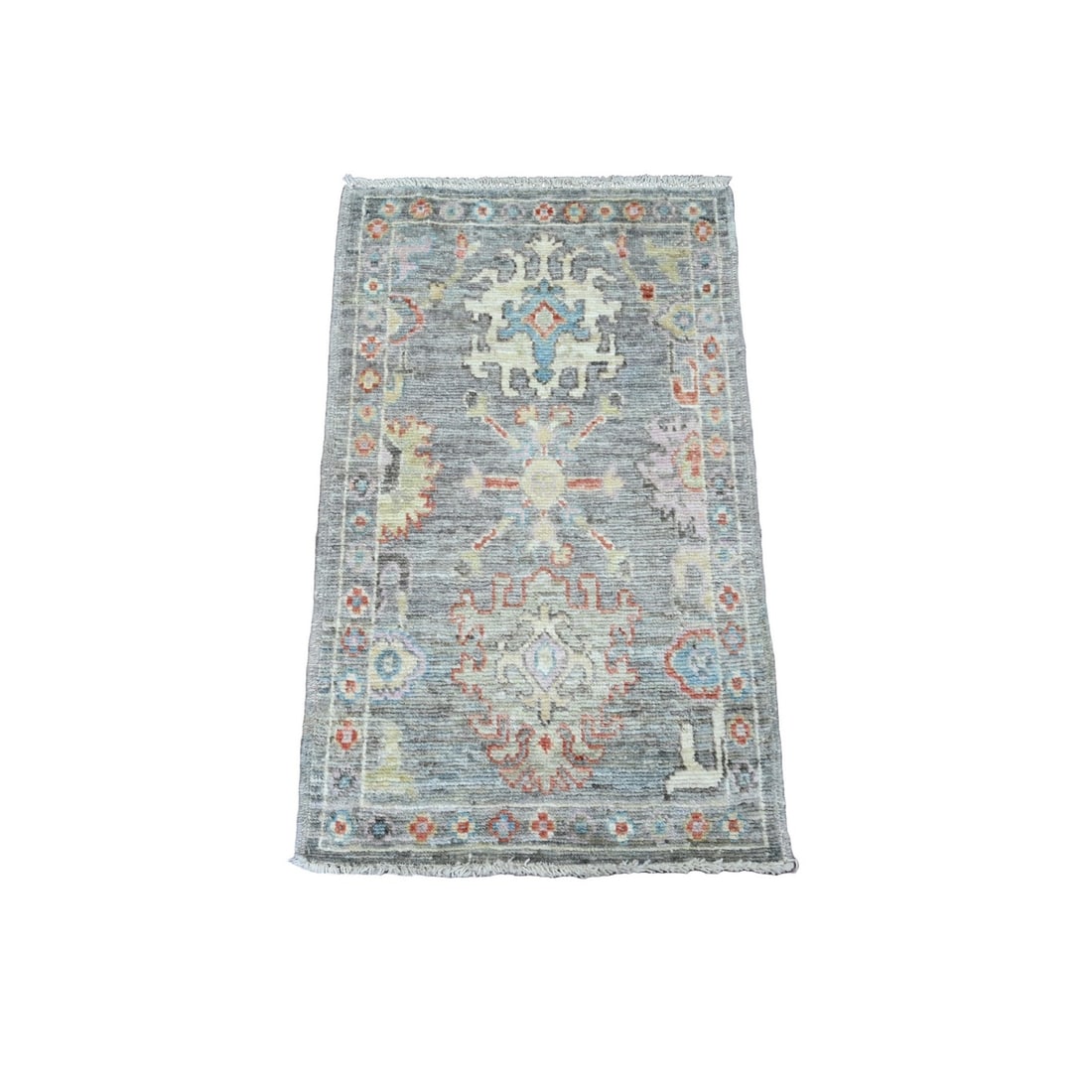 Gray Hand-Knotted Angora Oushak Leaf Design Pure Wool Mat Rug (2'1"x3'5"): Gray Hand-Knotted Angora Oushak Leaf Design Pure Wool Mat Rug (2'1"x3'5") Experience the rich heritage of Afghan craftsmanship with this stunning Gray Hand-Knotted Angora Oushak Leaf Design Pure Wool