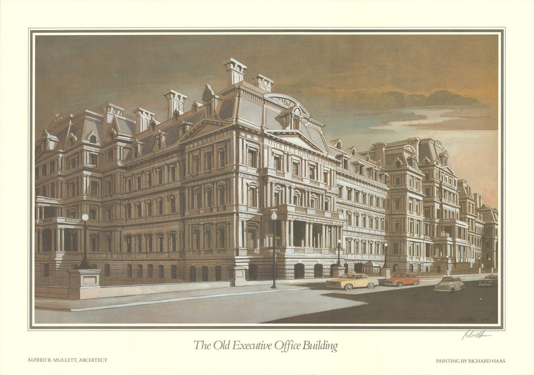 Lithogr RICHARD HAAS The Old Executive Office Building SIGNED 22" x 31.5" Offset: Lithogr RICHARD HAAS The Old Executive Office Building SIGNED 22" x 31.5" Offset A rare and iconic print by renowned artist Richard Haas, "The Old Executive Office Building" is a stunning offset litho