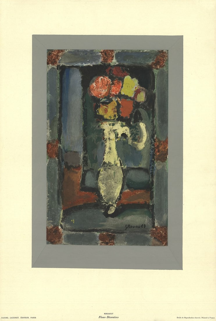 Multi GEORGES ROUAULT Fleurs Decoratives 21.5" x 14.5" Lithograph 1965 Modernism: Multi GEORGES ROUAULT Fleurs Decoratives 21.5" x 14.5" Lithograph 1965 Modernism A stunning 1965 lithograph by French modernist artist Georges Rouault, 'Fleurs Decoratives' is a rare and striking exam