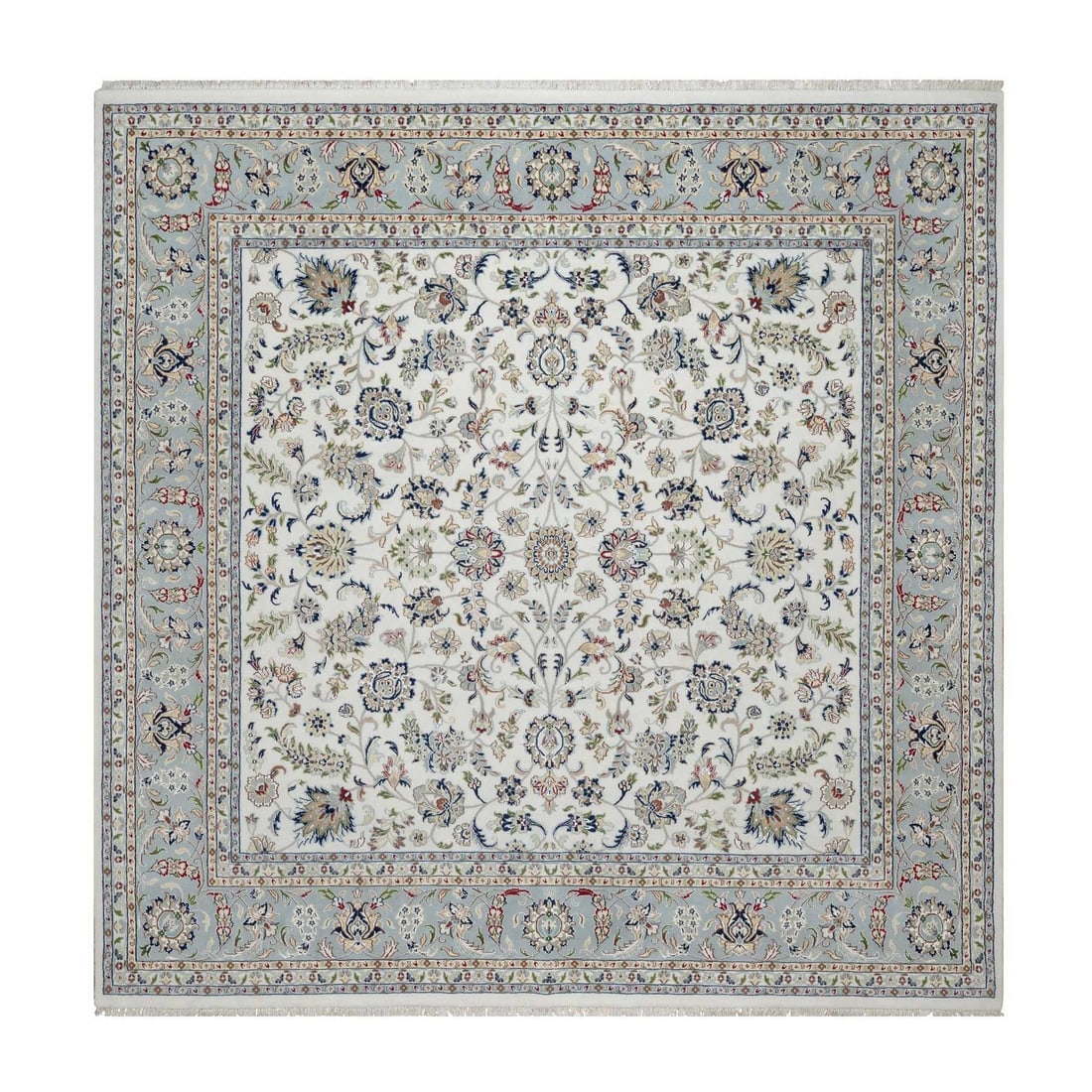 Nain Flower Motif Wool & Silk Hand-Knotted Square Rug (10'2"x10'2"): Nain Flower Motif Wool & Silk Hand-Knotted Square Rug (10'2"x10'2") Experience the timeless elegance of India's rich cultural heritage with this exquisite Nain Flower Motif Wool & Silk Hand-Knotted Sq