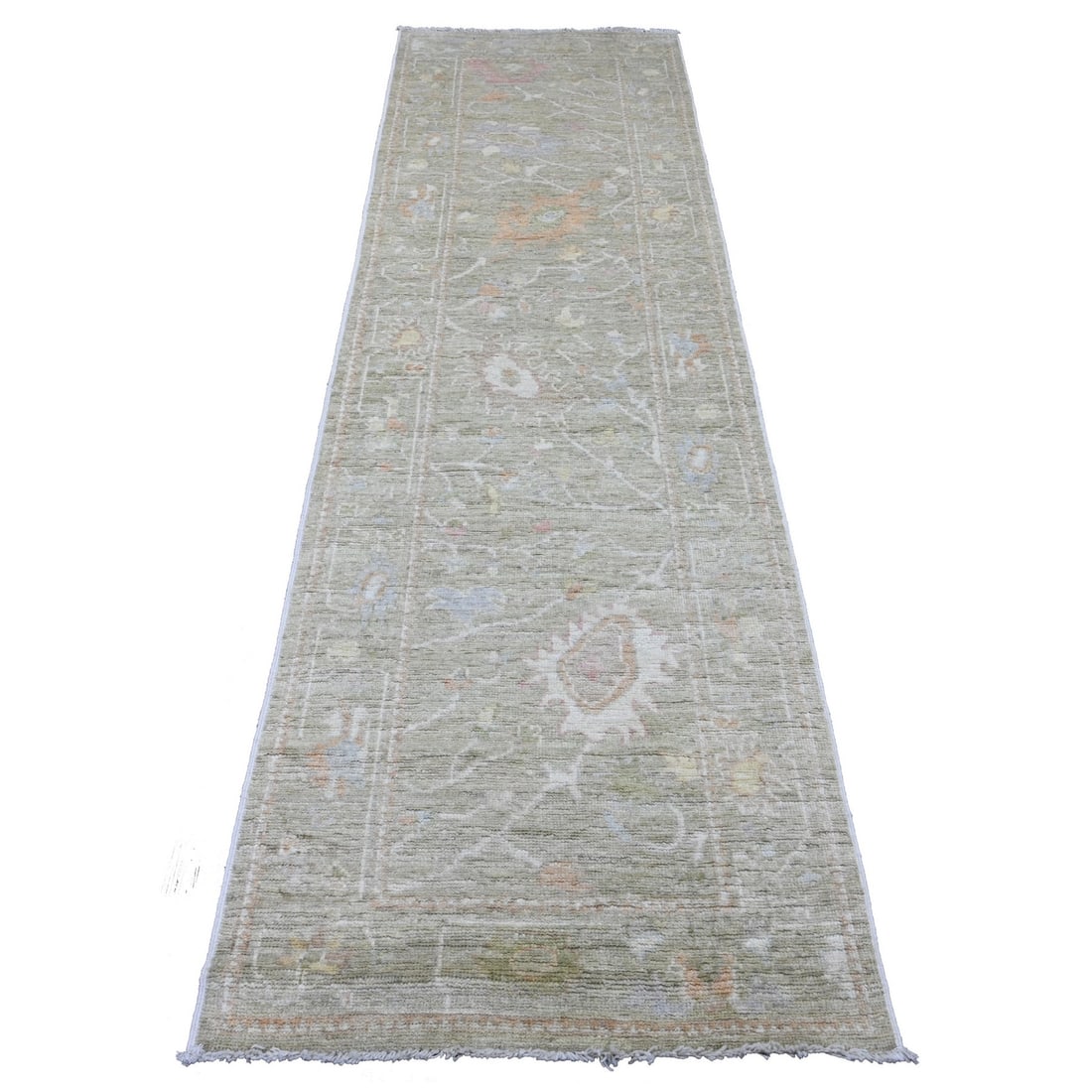 Rug 2'9"x10' Green Angora Oushak Leaf Design All Wool Hand Knotted Runner: Rug 2'9"x10' Green Angora Oushak Leaf Design All Wool Hand Knotted Runner Experience the rich beauty of Afghan craftsmanship with this stunning 2'9"x10' Green Angora Oushak Leaf Design All Wool Hand K