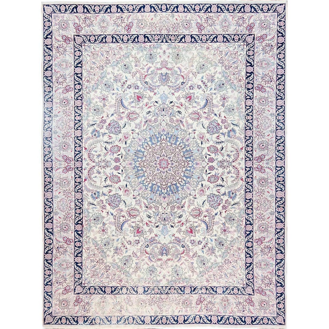 Rug 10'x13'2" Ivory Vintage Sino Tebraz 300 KPSI Soft Wool Hand Knotted: Rug 10'x13'2" Ivory Vintage Sino Tebraz 300 KPSI Soft Wool Hand Knotted Experience the timeless elegance of an antique Chinese rug, hand-knotted with soft wool and featuring intricate medallion patter
