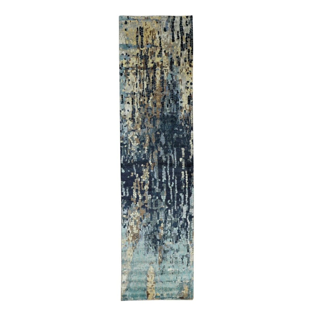Hand-knotted blue mosaic wool and silk runner rug (2'6"x9'10"): Hand-knotted blue mosaic wool and silk runner rug (2'6"x9'10") Experience the rich beauty of hand-knotted craftsmanship with this stunning blue mosaic wool and silk runner rug, expertly woven in Turke