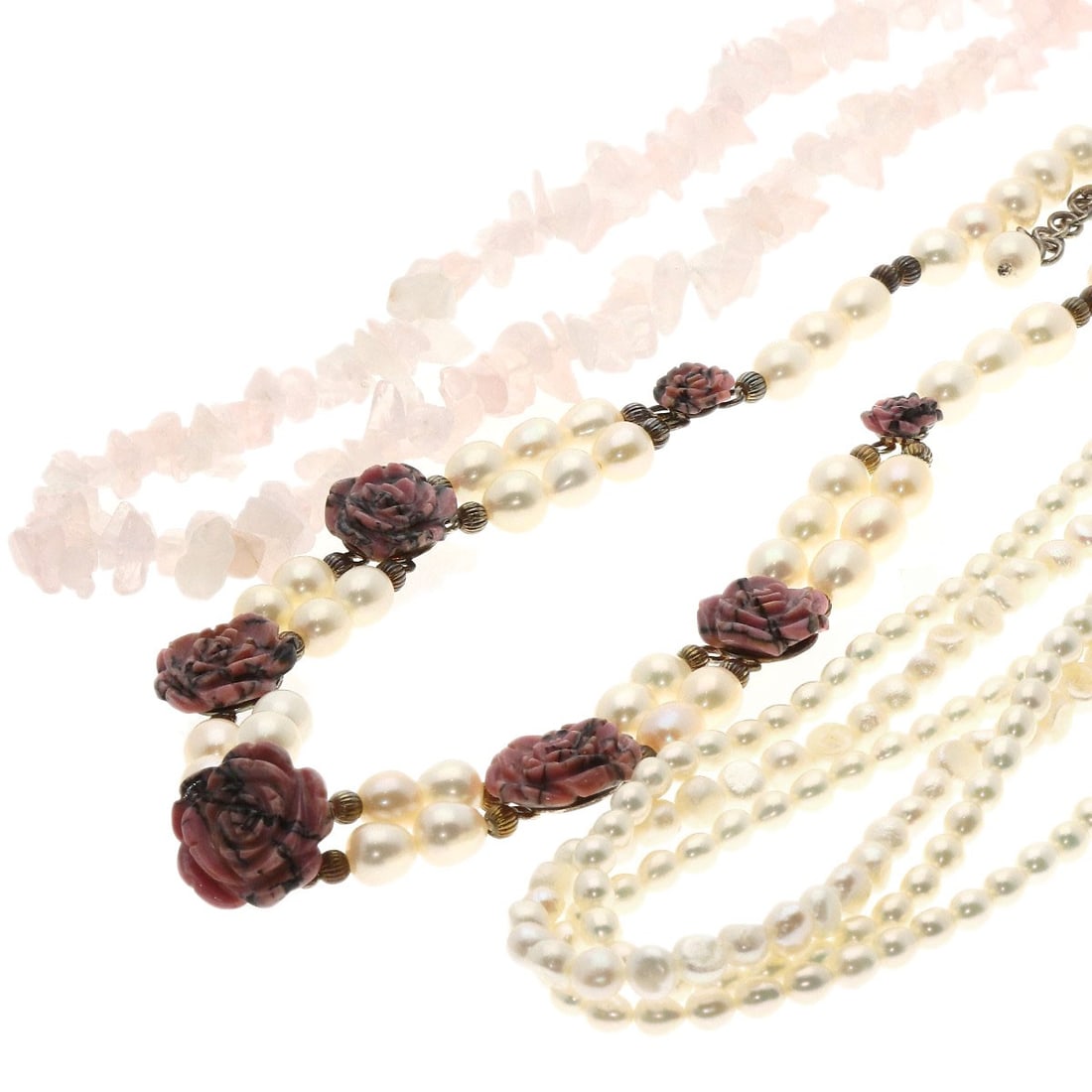 Necklace Rhodonite Flower Motif Rose Quartz Freshwater Pearl 3 Piece Set: Necklace Rhodonite Flower Motif Rose Quartz Freshwater Pearl 3 Piece Set Elevate your style with this stunning 3-piece necklace set, showcasing a delicate rhodonite flower motif in rose quartz and fre