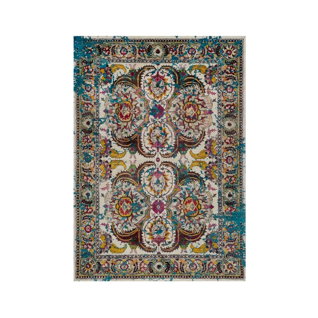 Rug 5'x7'1" Ivory Colorful Polonaise Broken Design Wool-Silk Hand Knotted: Rug 5'x7'1" Ivory Colorful Polonaise Broken Design Wool-Silk Hand Knotted Experience the rich beauty of India's ancient craftsmanship in this stunning 5'x7'1" hand-knotted rug, expertly woven from woo