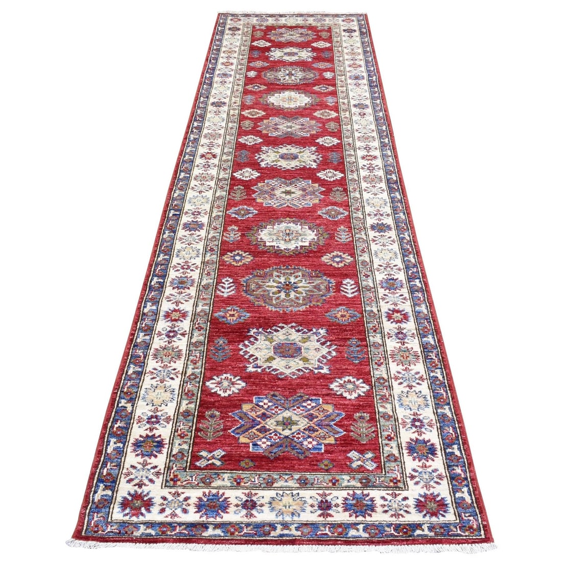 Rug 3'x11' Red Hand Knotted Wool Super Kazak Geometric Medallion Runner: Rug 3'x11' Red Hand Knotted Wool Super Kazak Geometric Medallion Runner Experience the rich beauty of traditional Afghan craftsmanship with this stunning Red Hand Knotted Wool Super Kazak Geometric Me