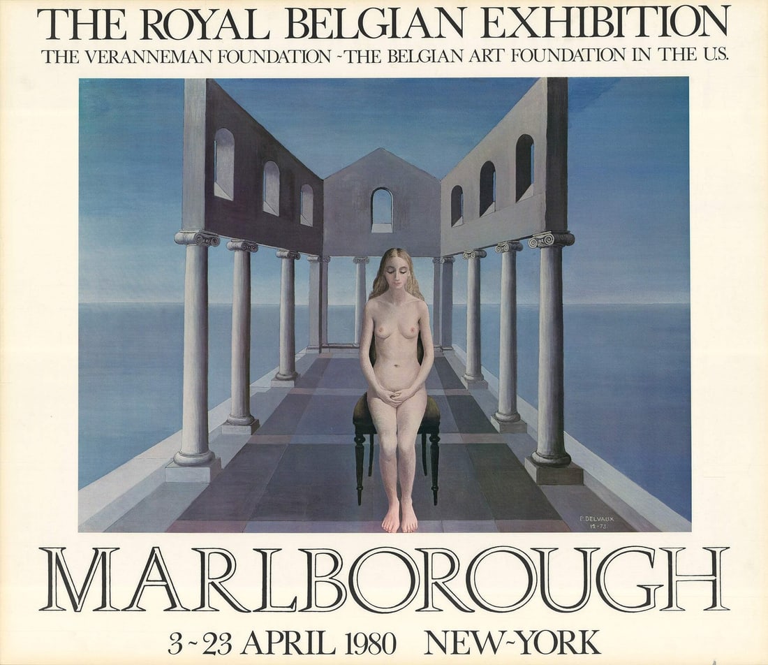S PAUL DELVAUX The Royal Belgian Exhibition 33.5" x 38.5" Offset Lithograph 1980: S PAUL DELVAUX The Royal Belgian Exhibition 33.5" x 38.5" Offset Lithograph 1980 Experience the dreamlike world of Belgian artist Paul Delvaux with 'The Royal Belgian Exhibition', a striking 1980 offs