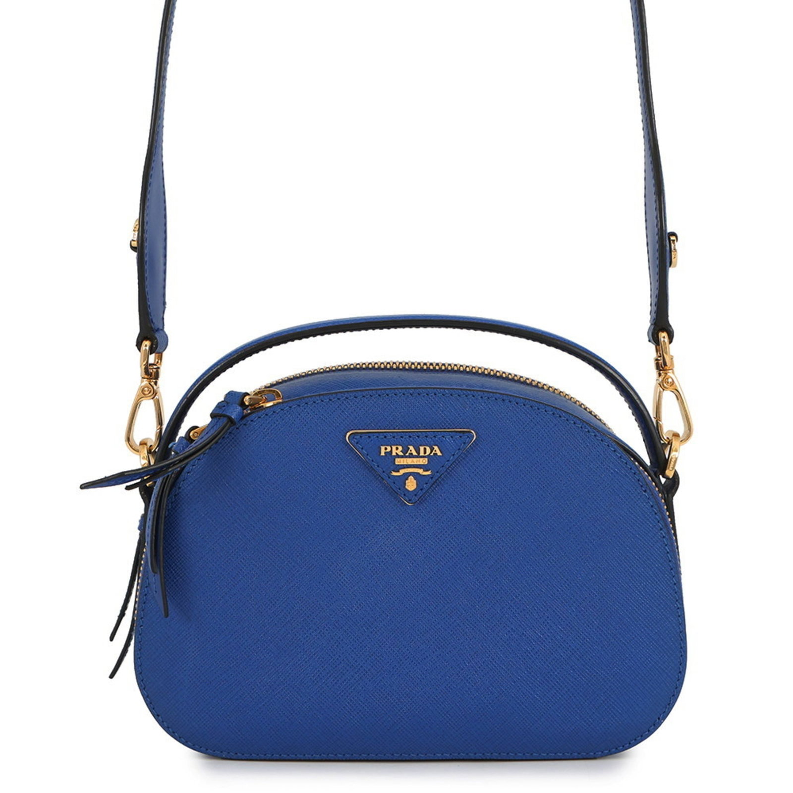 Prada Leather Shoulder Bag: Prada Leather Shoulder Bag Experience the timeless elegance of Prada with this stunning blue leather shoulder bag, boasting sleek gold hardware and a sturdy zipper closure. Its spacious interior and a